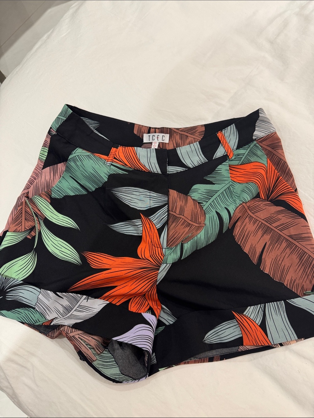 TCEC Black Floral High-Rise Women’s Shorts with Orange & Green Leaves